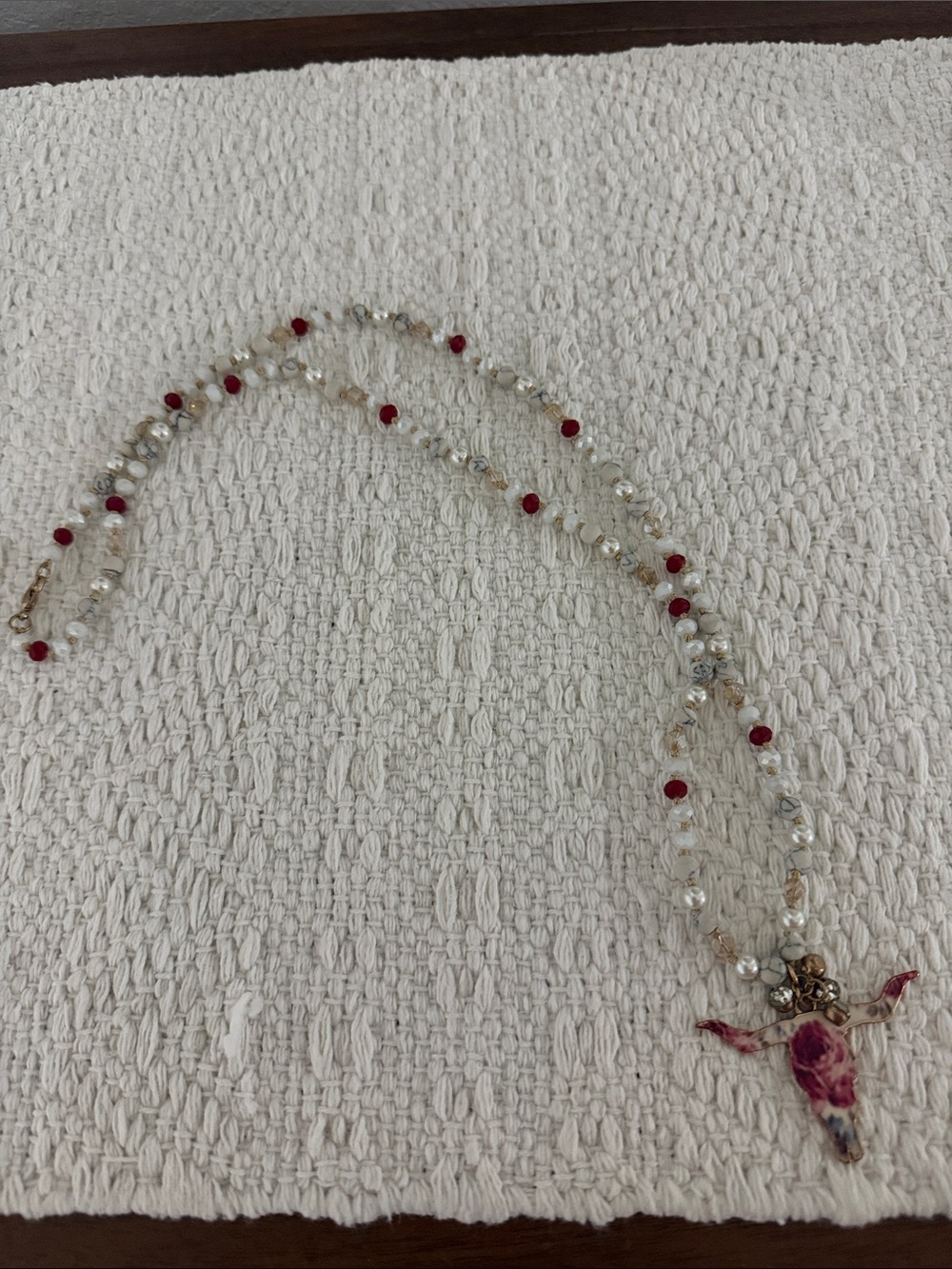 Beaded Crystal and Red Accent Women's Necklace with Floral Pendant